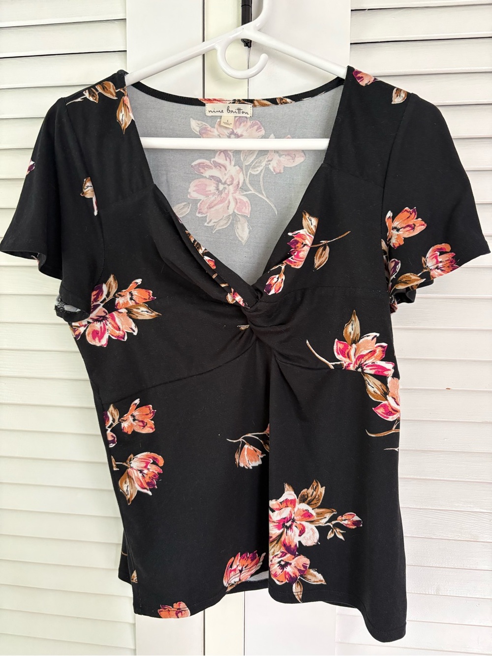 Floral Twist-Front Black Short Sleeve Blouse by